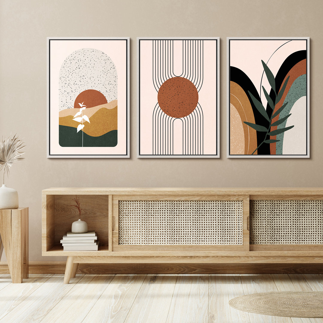Mid Century Modern Boho IDEA4WALL Framed Canvas Print Wall Art Set Geometric Tropical Landscape Abstract Shapes Illustrations Minimalism Bohemian Decorative For Living Room, Bedroom, Office - 24"X36"X3 Natural IDEA4WALL 