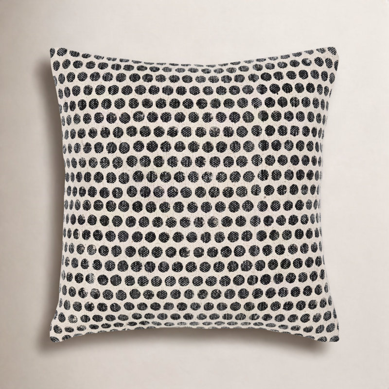 Zetta Polka Dots Cotton Throw Pillow, Square 20", Light Beige/Black, Polyester/Polyfill