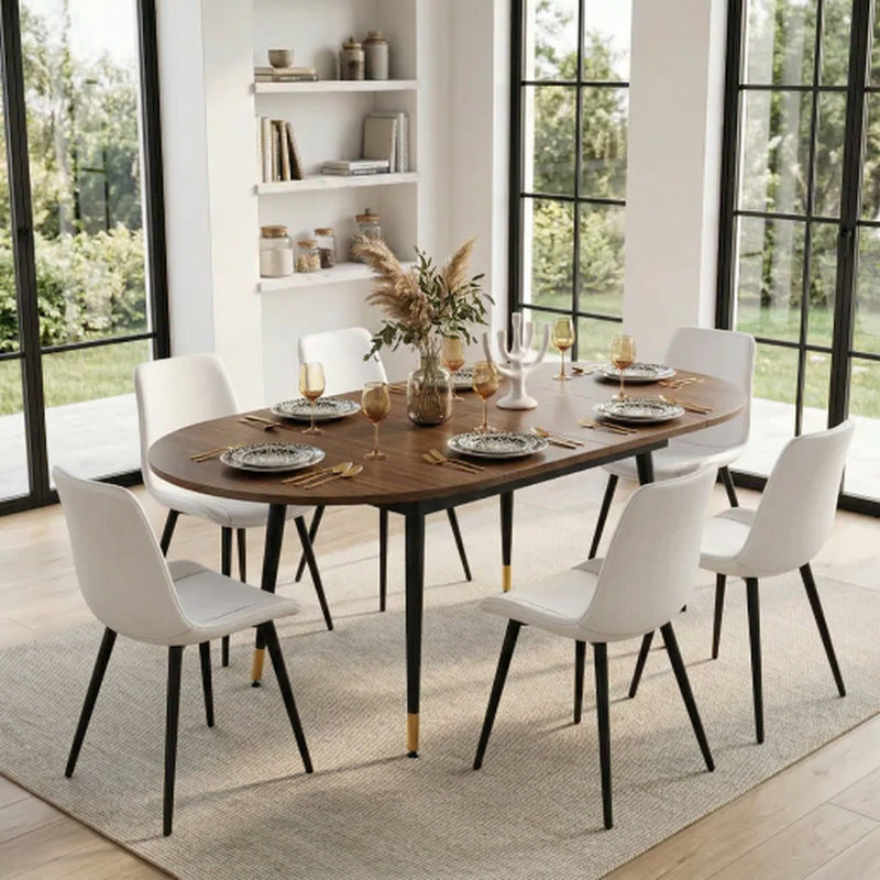 Modern Mid-Century 7-Piece Dining Set, 79" Oval Extendable With Upholstered Dining Chairs , White