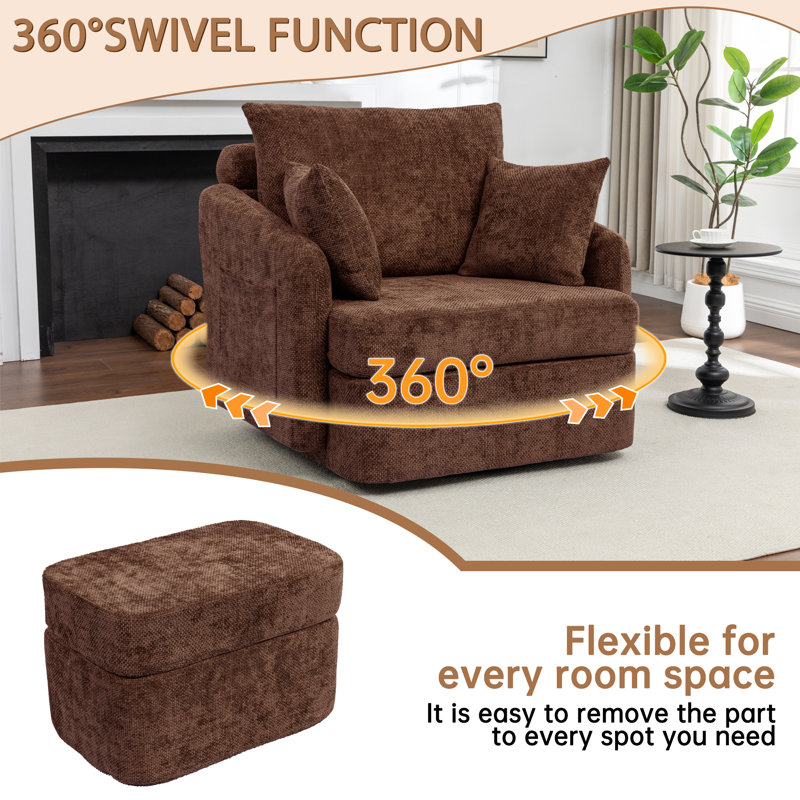 Upholstered Corduroy Swivel Chair With Ottoman, 1, Brown