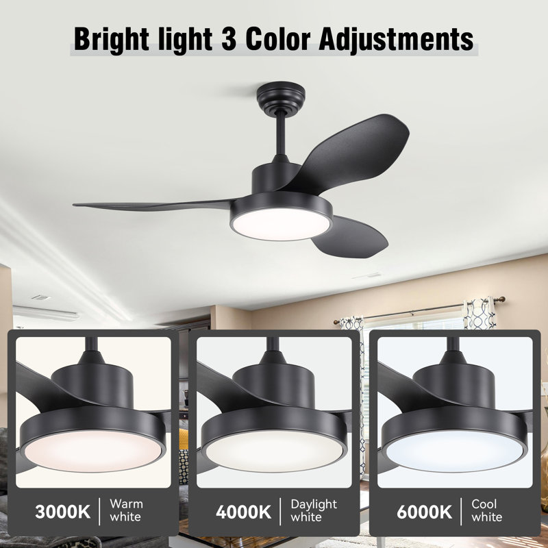 47 Inch Ceiling Fan With 22W LED Light And Remote Control 6 Speeds Reversible DC Motor For Bedroom Black, Black, Black