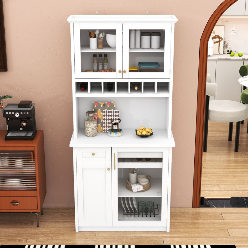 Garde-manger autoportant en bois avec portes en verre trempé, tablettes réglables et porte-bouteilles, Blanc