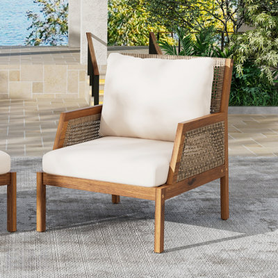 Acacia Wood Patio Furniture Club Chair, Outdoor Wicker Armchair With Deep Seating And Soft Cushions For Porch, Garden, Backyard, Balcony