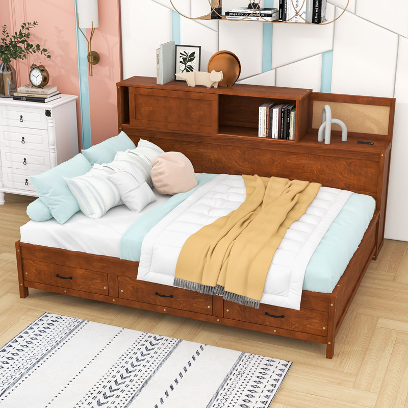 3 Drawers Wooden Daybed with Pushable Shelf, USB & Socket Charging Station, Full, Walnut