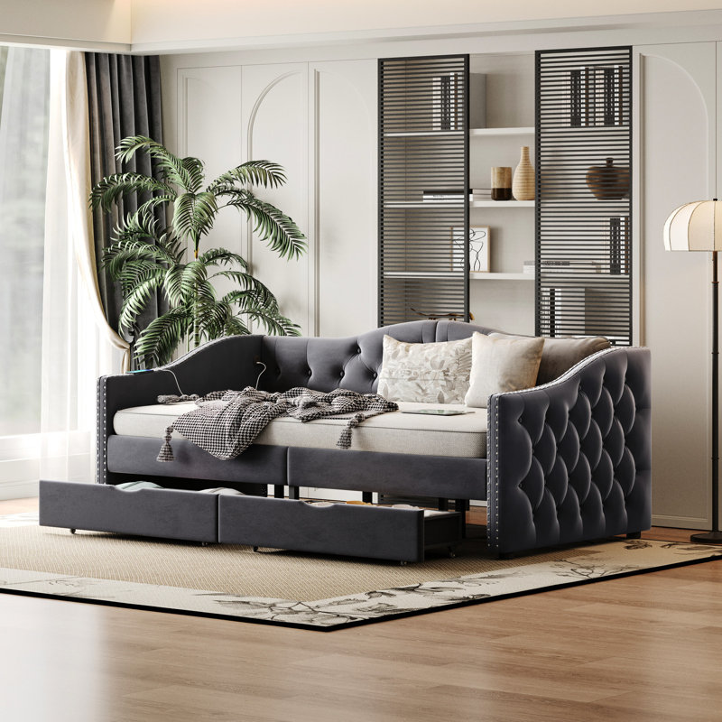 Lit de jour gris simple avec rangement et sans sommier tapissier en velours