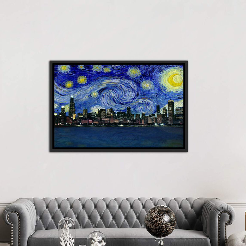 Chicago, Illinois, nuit étoilée, impression d'art graphique, H 40 po x l 60 po x 1,5 po, Toile blanche encadrée