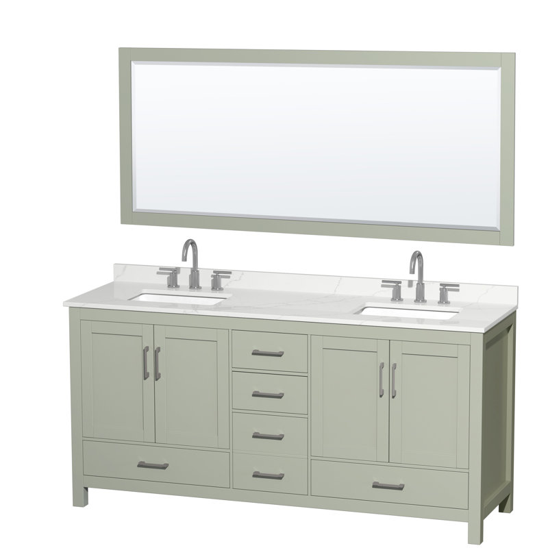 Sheffield 72" Freestanding Double Bathroom Vanity with Quartz Top with 70" Mirror, Green, Brushed Nickel, White Quartz