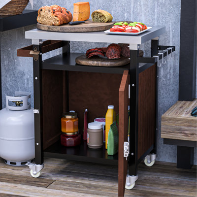 Chariot d'extérieur imperméable avec rangement et support à épices - Roulettes de table de barbecue mobiles
