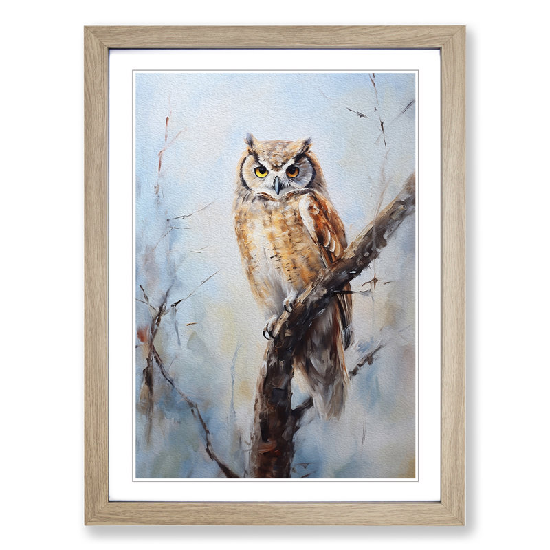 Owl Gestural - Single Picture Frame Print on Wood, Oak Framed, 34cm H x 25cm W x 2cm D