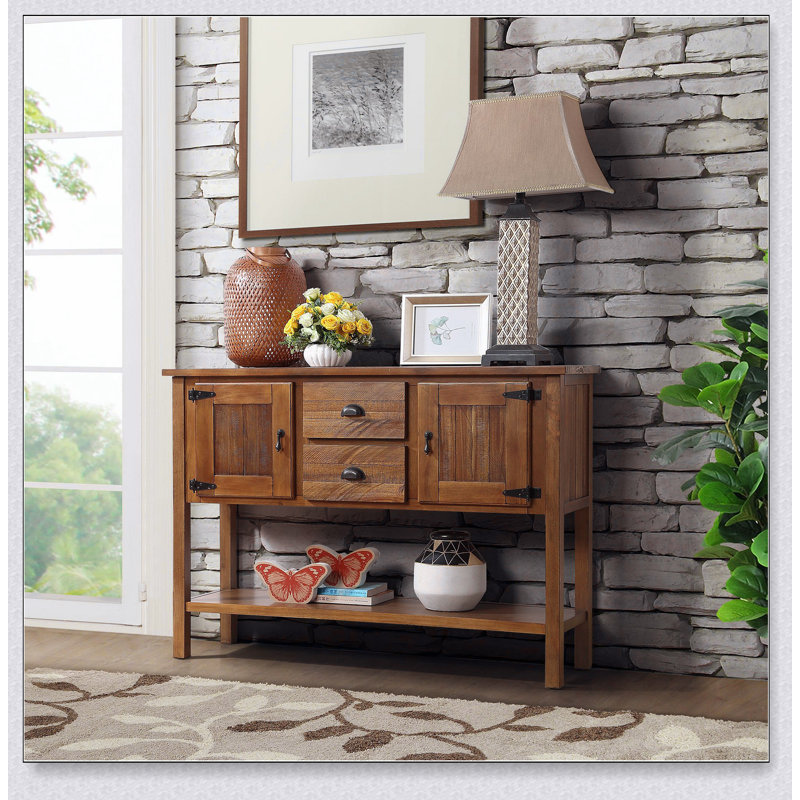 Console en bois massif avec 2 tiroirs, armoires et tablette inférieure pour un rangement de style rétro dans les salons et les salles à manger