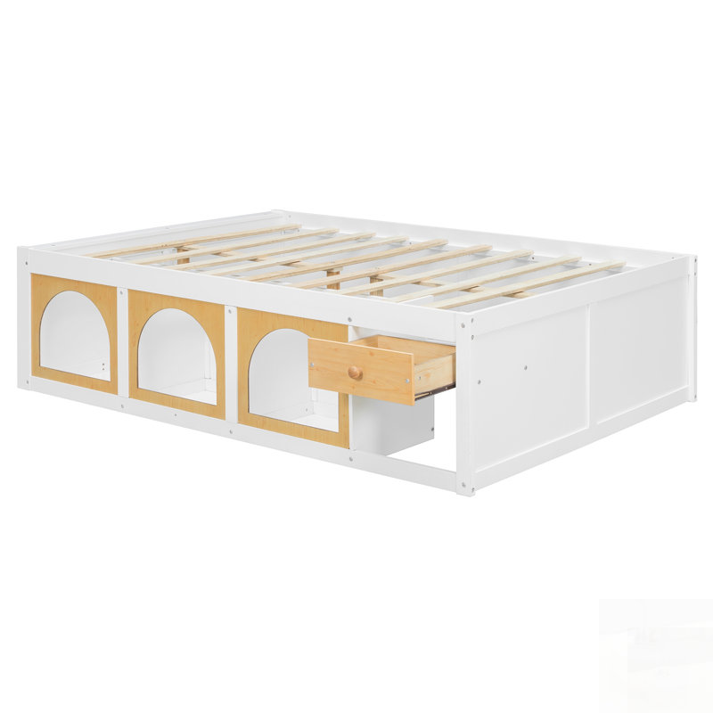 Lit plateforme en bois avec bibliothèque intégrée, vitrine, éclairage à DEL et tiroir, Lit double, Blanc/naturel