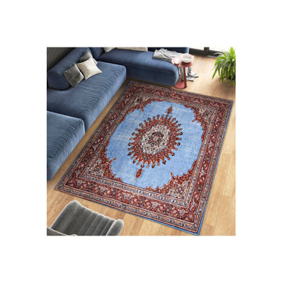 Machine Washable  Blue Themed Bohemian Traditional Pattern Patterned Vintage Decorative Rug