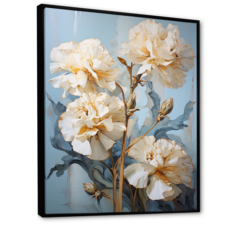 Œillets beiges sur bleu V sur toile, Cadre flottant noir, H 40 po x l 30 po x P 1,5 po