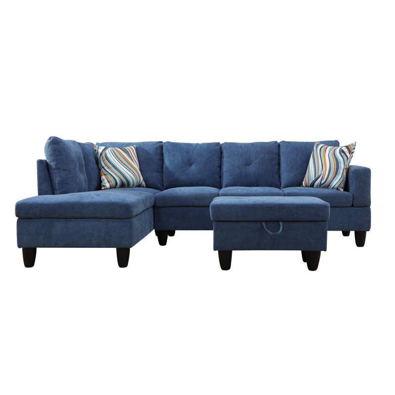 Blue Linen Sackcloth Fabric L style Living Room Sofa Set, with ottoman, Left Hand Facing, Ocean Blue Linen