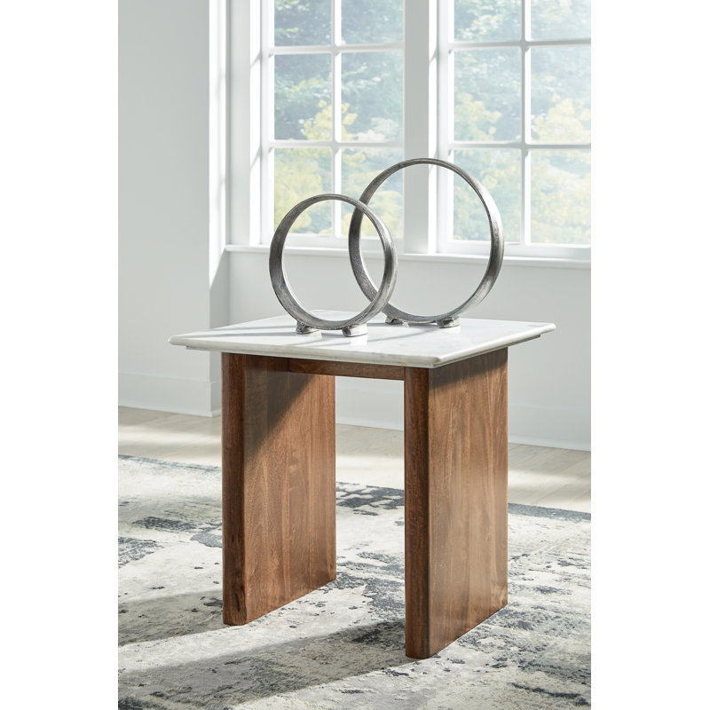Light Brown and White Mango Wood End Table with Marble Top