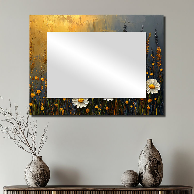 «Dark Summer Daisies Field Landscape I» - Décoration murale miroir floral - imprimé sur métal, 24 po x 32 po