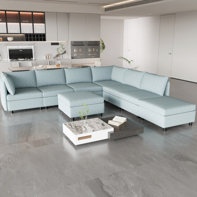 Canapé-lit modulaire avec rangement, tissu chenille, bleu antique, 8 po, 129 po Profondeur, 124 po Largeur, 32 po Hauteur et fonctionnalité, chenille bleue, 8 sièges, 129 po 124 po 32 po