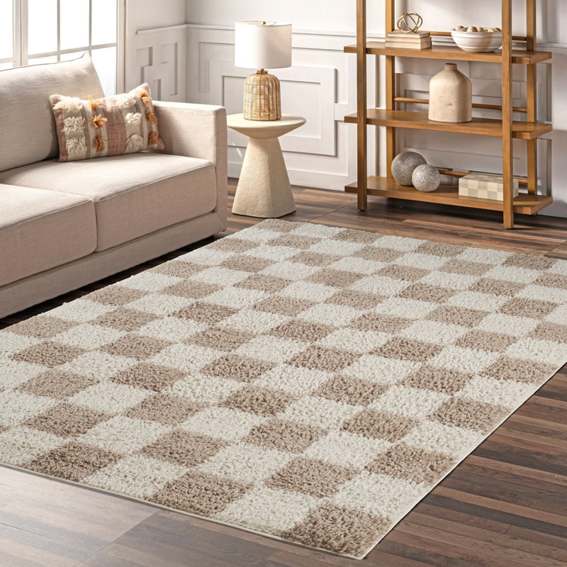 Chester Living Room Shaggy Area Rug Modern - Contemporary Checkered Design 30Mm Plush Pile Jute Backing Soft Woven Carpet -Hallway Indoor Rug, Beige