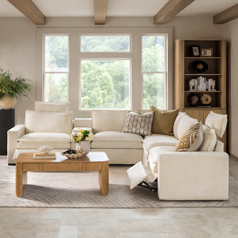 Raimundo 128"W Modern Oversized Power Reclining Sectional Sofa with Storage Integrated Console, Beige Polyester