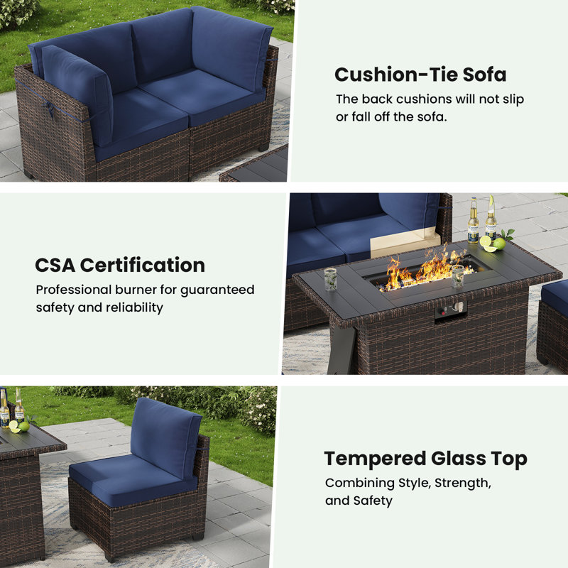 6 Person Outdoor Wicker Furniture Set with Fire Pit Table, Navy