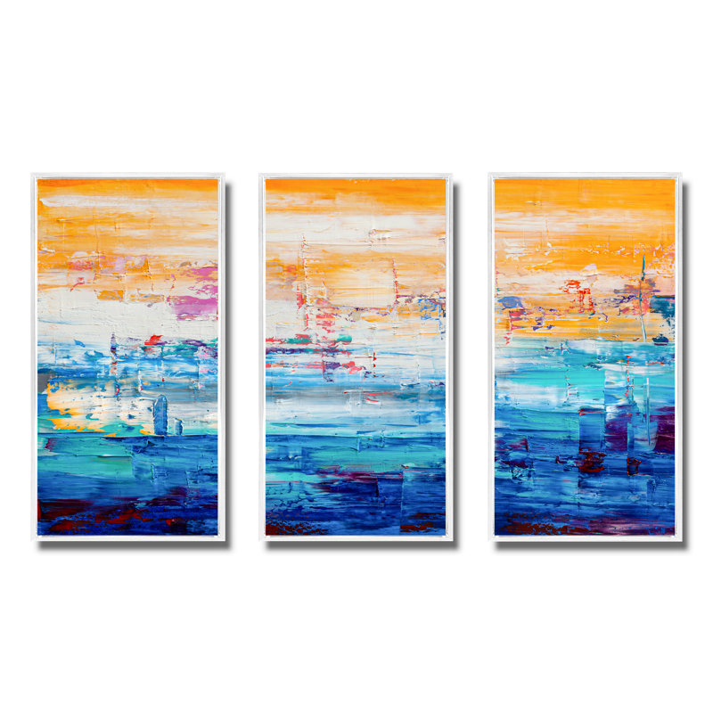 Orange et bleu abstrait - peinture sur toile 3 pièces, H 32 po x l 48 po, Blanc