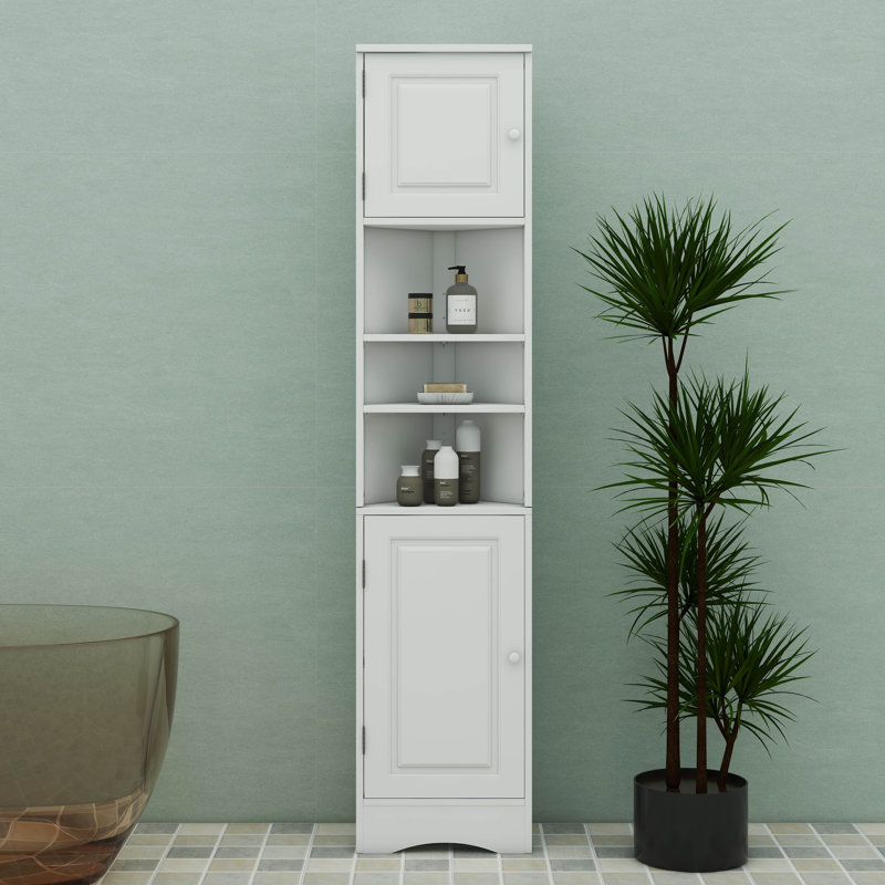 Corner Tall Storage Cabinet With 2 Doors 3 Shelves And An Exposed Shelf, White
