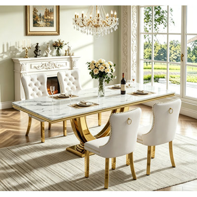 Luxury Marble Dining Table Set for , 68" Dining Room Table with Dining Chairs, White Dining Table with Faux Marble Top & Stainless Steel Pedestal, Large Dining Table and Chairs Set for Home Furniture