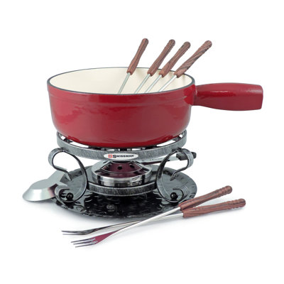 Swissmar Lugano 2-Quart Cast Iron Cheese Fondue Set, 9-Piece, Cherry Red