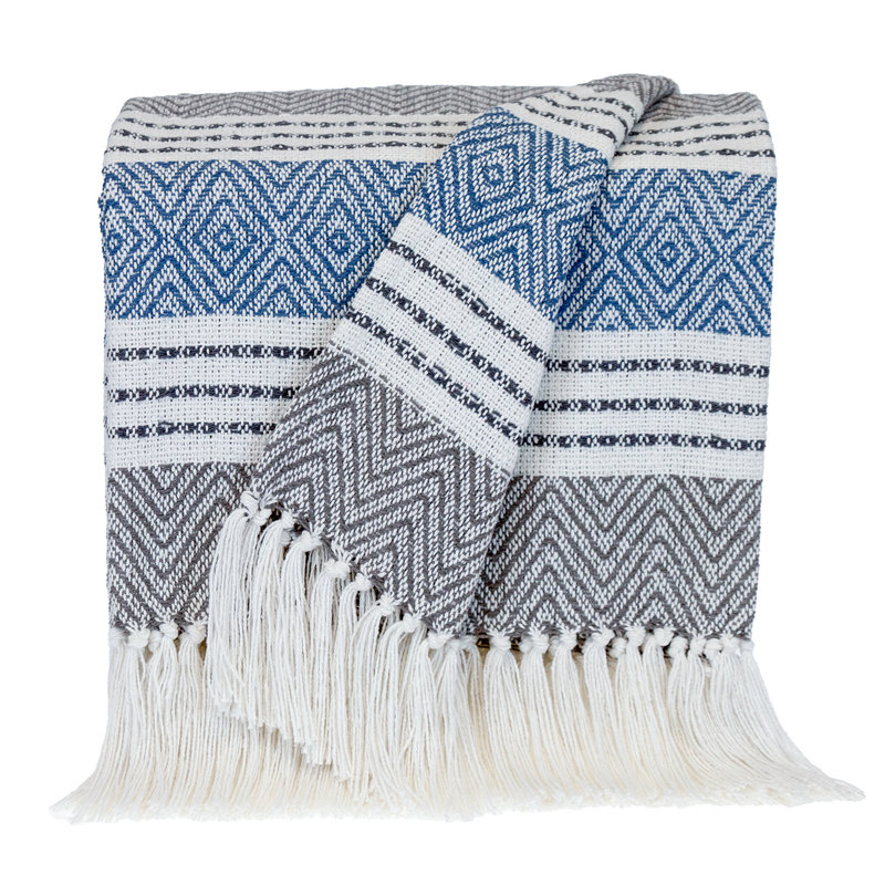 Jeté rayé en coton tissé, Rayures bleues / grises
