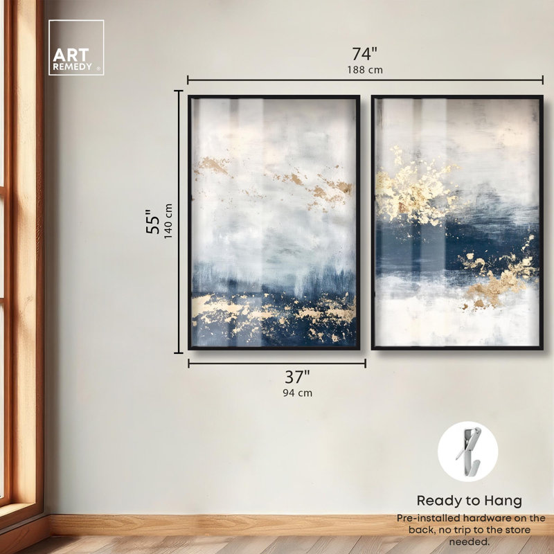 Gilded Coastal Calm Blue Art , H 55 po x l 37 po, Noir