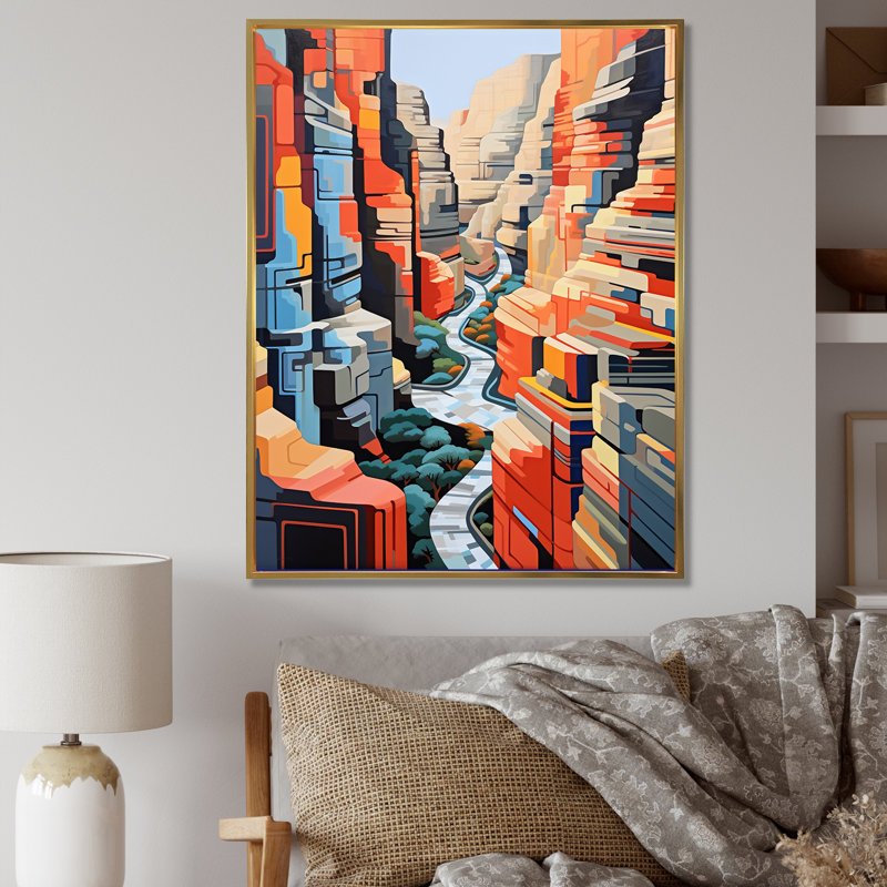 Canyon de Stijl, paysage inspiré sur toile, Cadre flottant doré, H 32 po x l 24 po