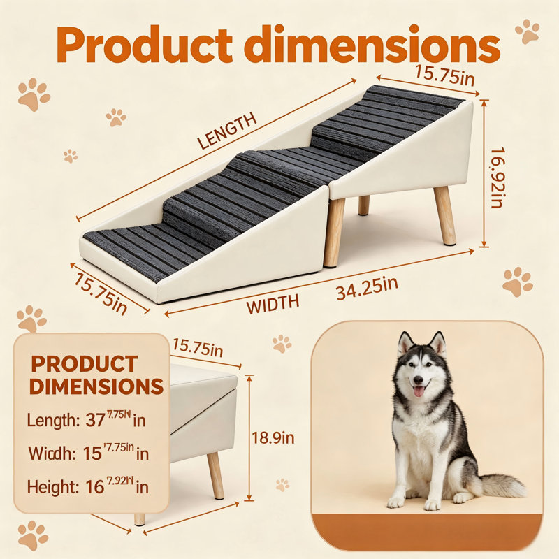 Rampe pour animaux de compagnie beige, résistante et douce pour la peau ; se replie pour un rangement peu encombrant ; sa conception à quatre marches combine un lit superposé pour chien, un canapé et un escalier.