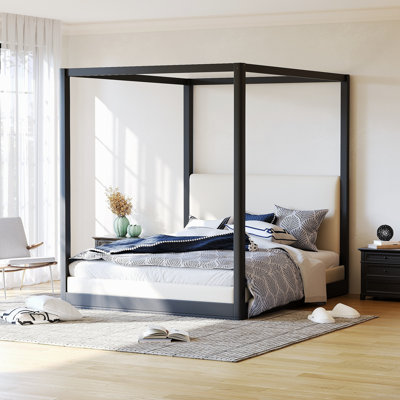 Lit plateforme à baldaquin en bois grand avec tête de lit tapissier, structure noire et tissu blanc
