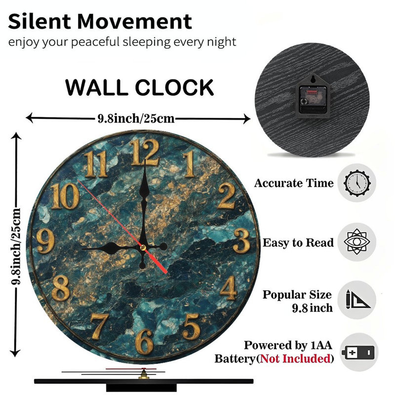 Horloge avec chiffres dorés et marbre bleu sarcelle