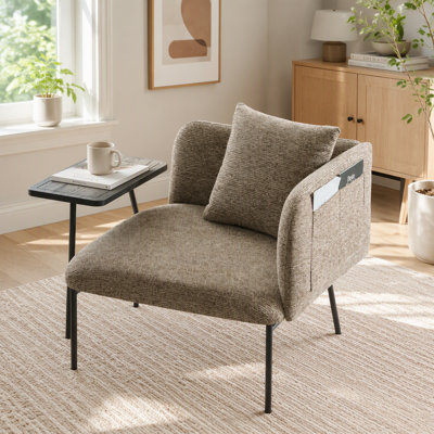 Fauteuil de loisir, fauteuil de détente avec petite table et coussin de dossier, chaises rembourrées modernes avec pieds en métal et poches latérales, canapé simple pour le salon / la chambre / le jardin
