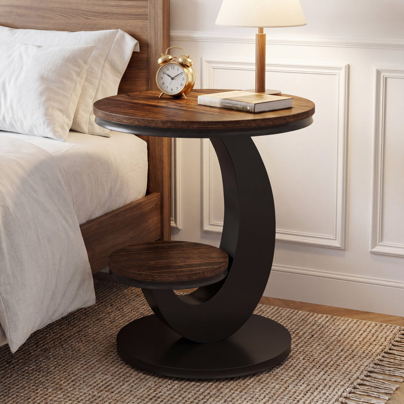 Round End Table with Storage, Brown