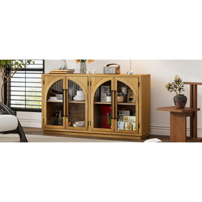 4-door Storage Sideboard With Arched Glass Doors, Adjustable Shelf Options, Natural Wood, Retro Style, Construction, Oak Veneer, Rubber Wood Frame, Metal Handles, Cable Holes, Silent Door Lock For