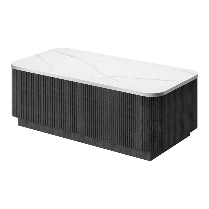 Coffee Table, Stone‑Effect Marble Top with Hidden Storage, Black