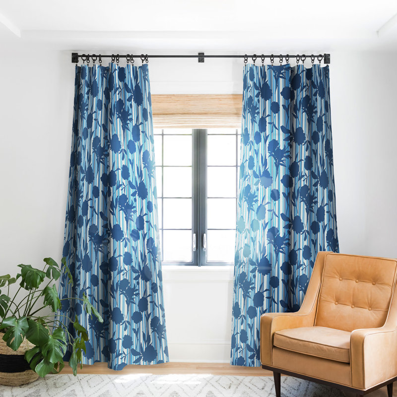 Lisa Argyropoulos Peony Silhouettes Blue Stripes 1pc Blackout Window Curtain Panel