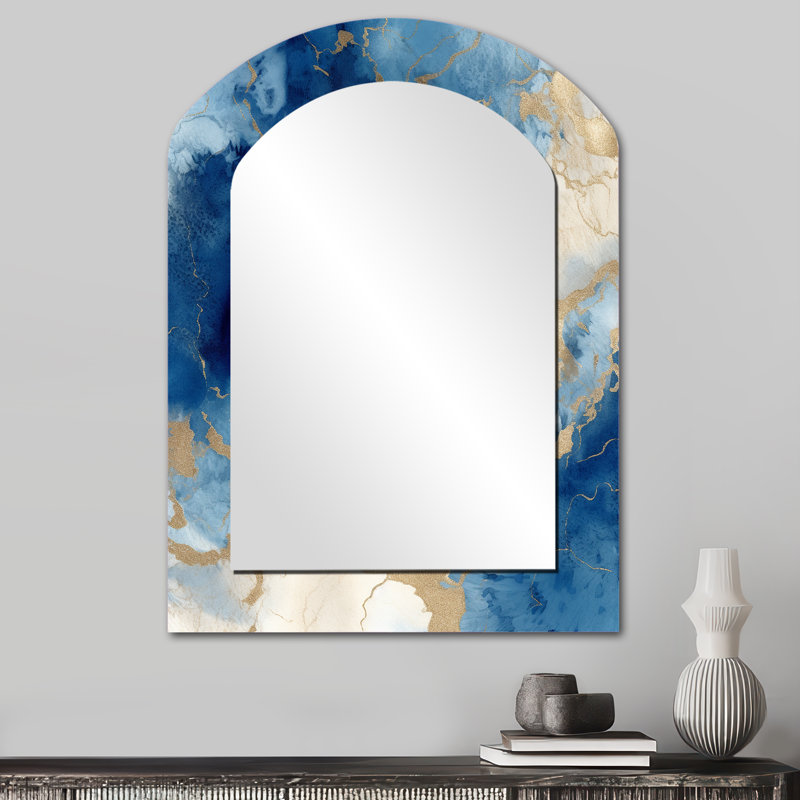 «Blue and Gold Marble Clouds X - Fractals Arch Unique Wall Mirror», Art contemporain, 34 po x 25 po