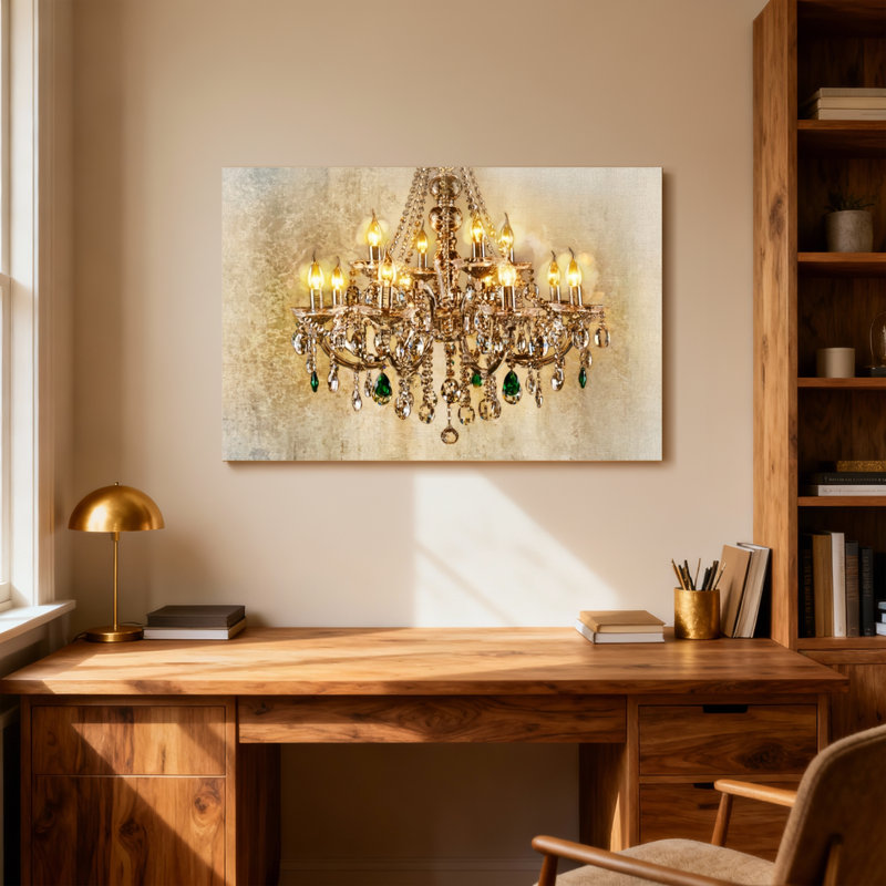 Lustre à la mode avec lumières en cristal et fond doré rétro, H 20 po x l 30 po
