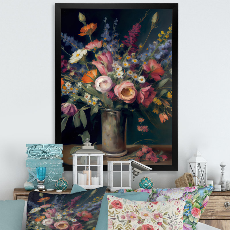 «Retro Still Life with Blossoming Wildflowers I», reproduction sur toile, Cadre photo noir, H 20 po x l 12 po x P 1 po