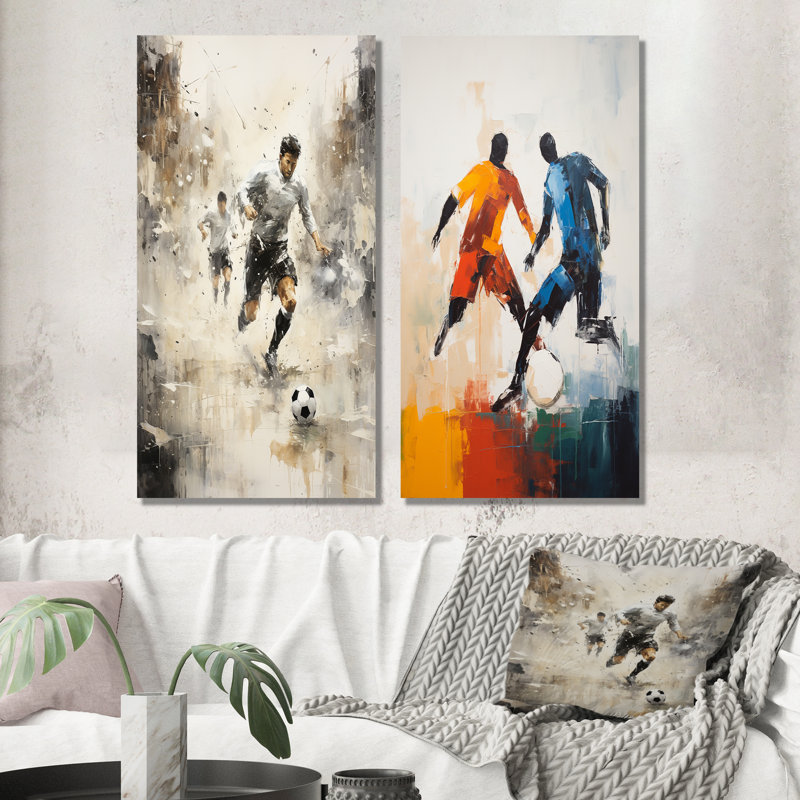 «Grey Minimalist Soccer Encounter I», ensemble de 2 décorations murales de soccer, H 40 po x l 41 po, Toile tendue