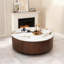 Table basse pour les salons modernes, plateau blanc épuré avec finition en marbre doré, base brun noyer, forme ronde avec deux tiroirs