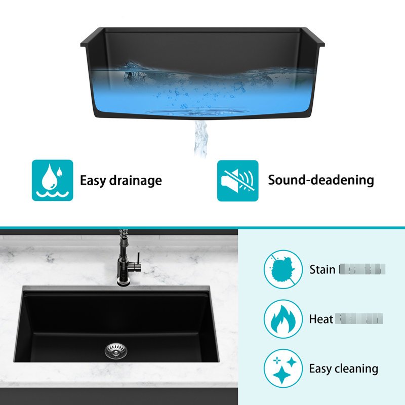 28 - Inch By 19 Black Quartz Workstation Undermount Kitchen Sink High End Material, Smooth Surface, Eliminates Vibration, With Drying Roll Up Rack And Bottom Grid Black, 28" X 19", Composite,
