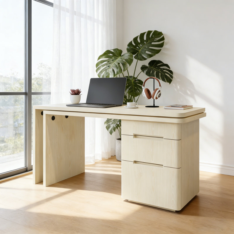 Bureau en L 90 po en bois naturel avec 3 tiroirs, bureau rotatif à 360 ° en bois naturel, bureau de direction, bureau d'angle, bureau d'étude