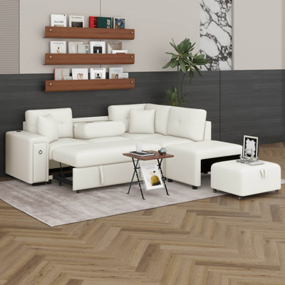 Canapé modulaire en L 86,6 po avec deux ports USB et deux porte-gobelets, canapé-lit escamotable avec repose-pieds mobile