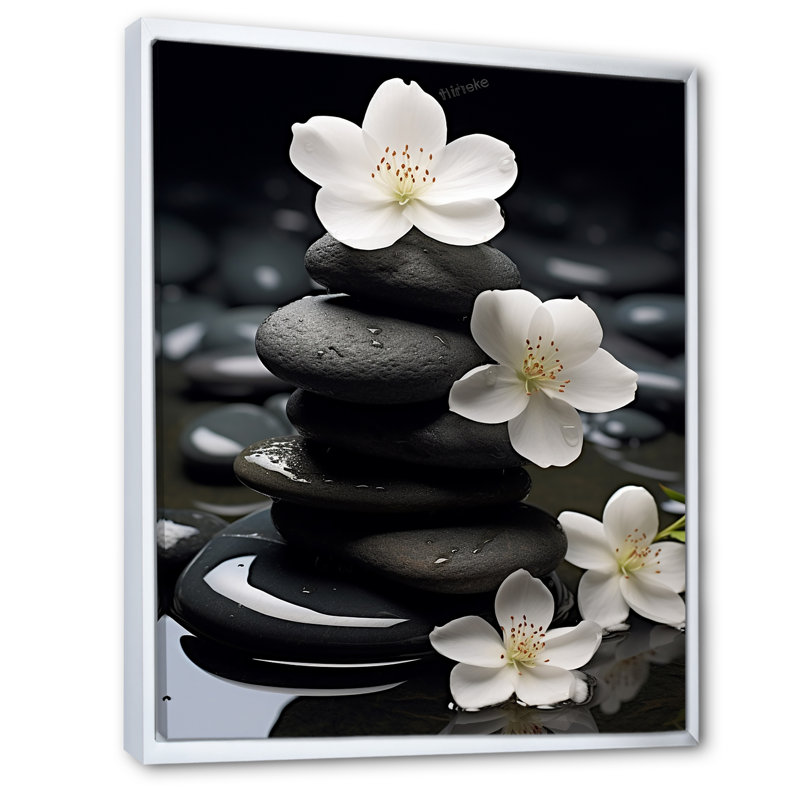 Zen Zen Serenity fleurs blanches pierre noire Cairn - impressions spirituelles sur pierre, H 32 po x l 24 po, Blanc