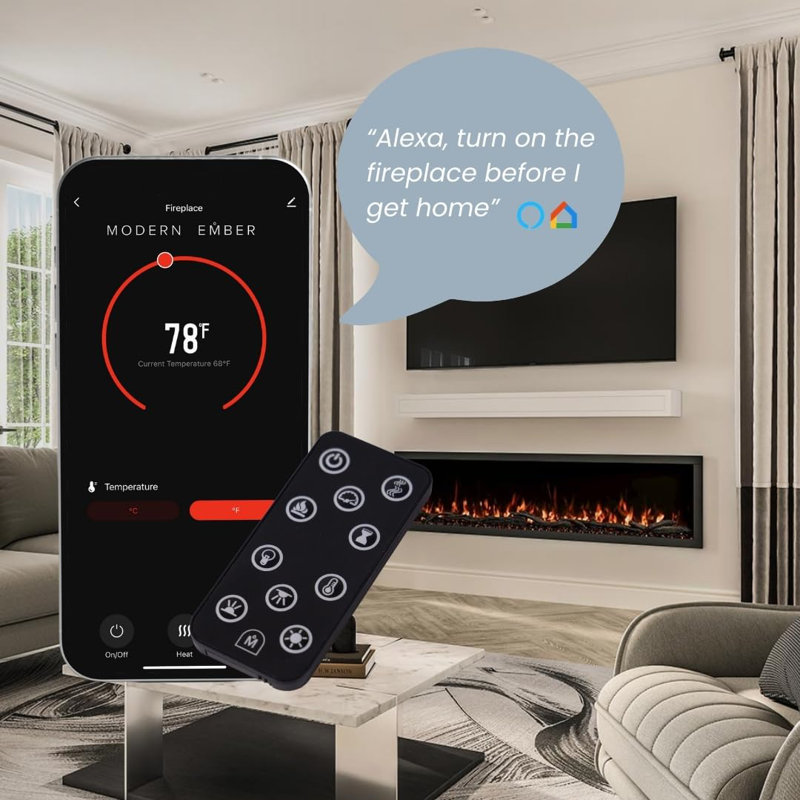 Highmark Recessed or Wall Mounted Electric Fireplace Heater, 10 Flame Colors, Google & Alexa Compatible, Logs & Crystals, Remote Control