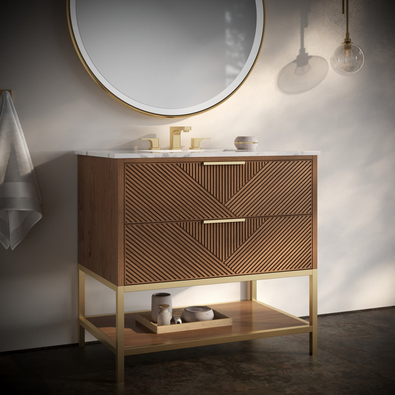 Diamond 36'' W Single Vanity, White Quartz, Walnut, Satin Brass
